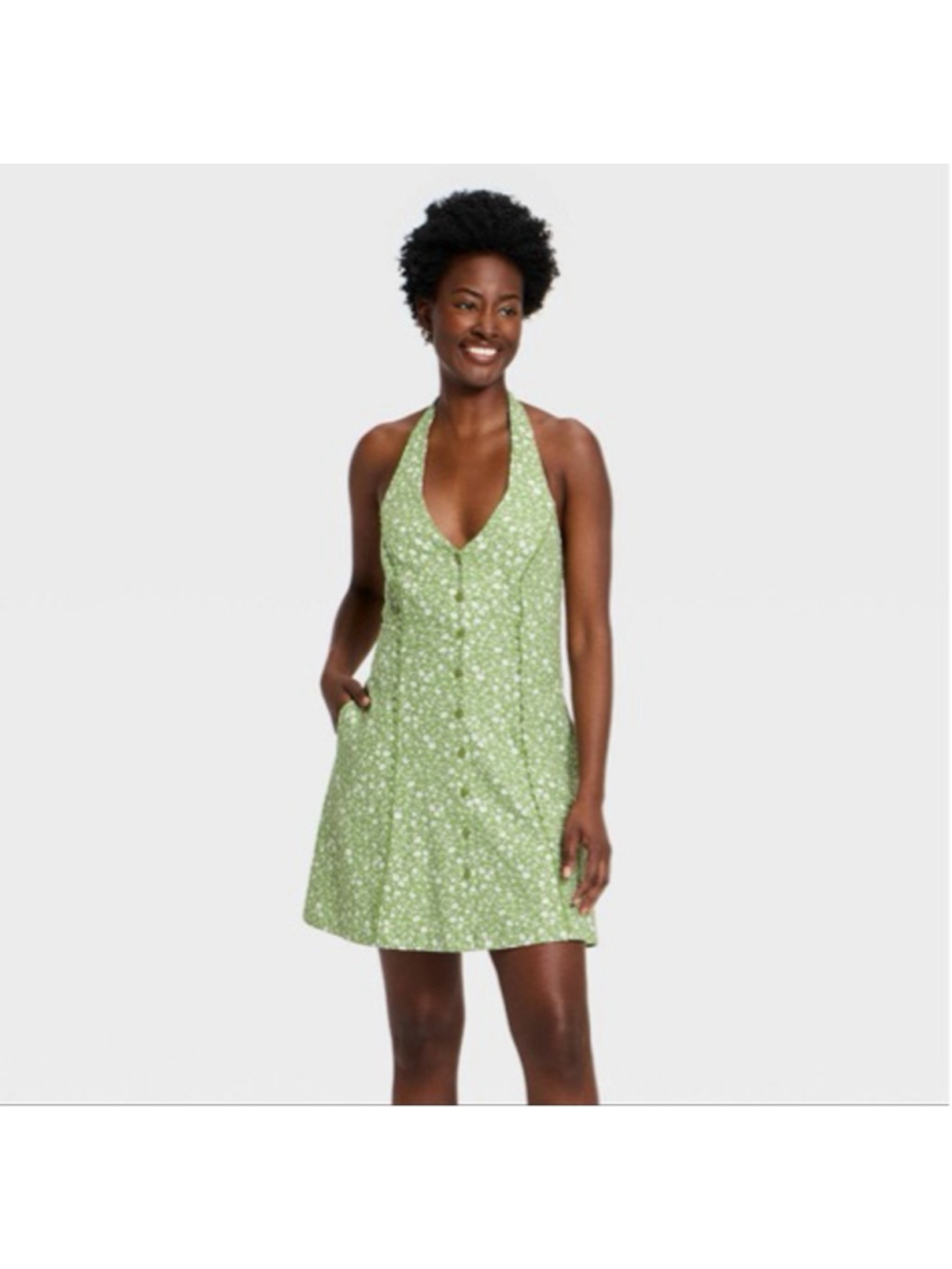 Women's Universal Thread Green & White Floral Halter Mini Dress M